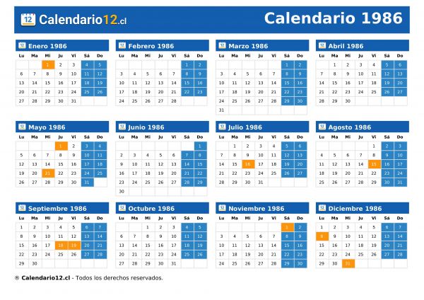 Calendario 1986