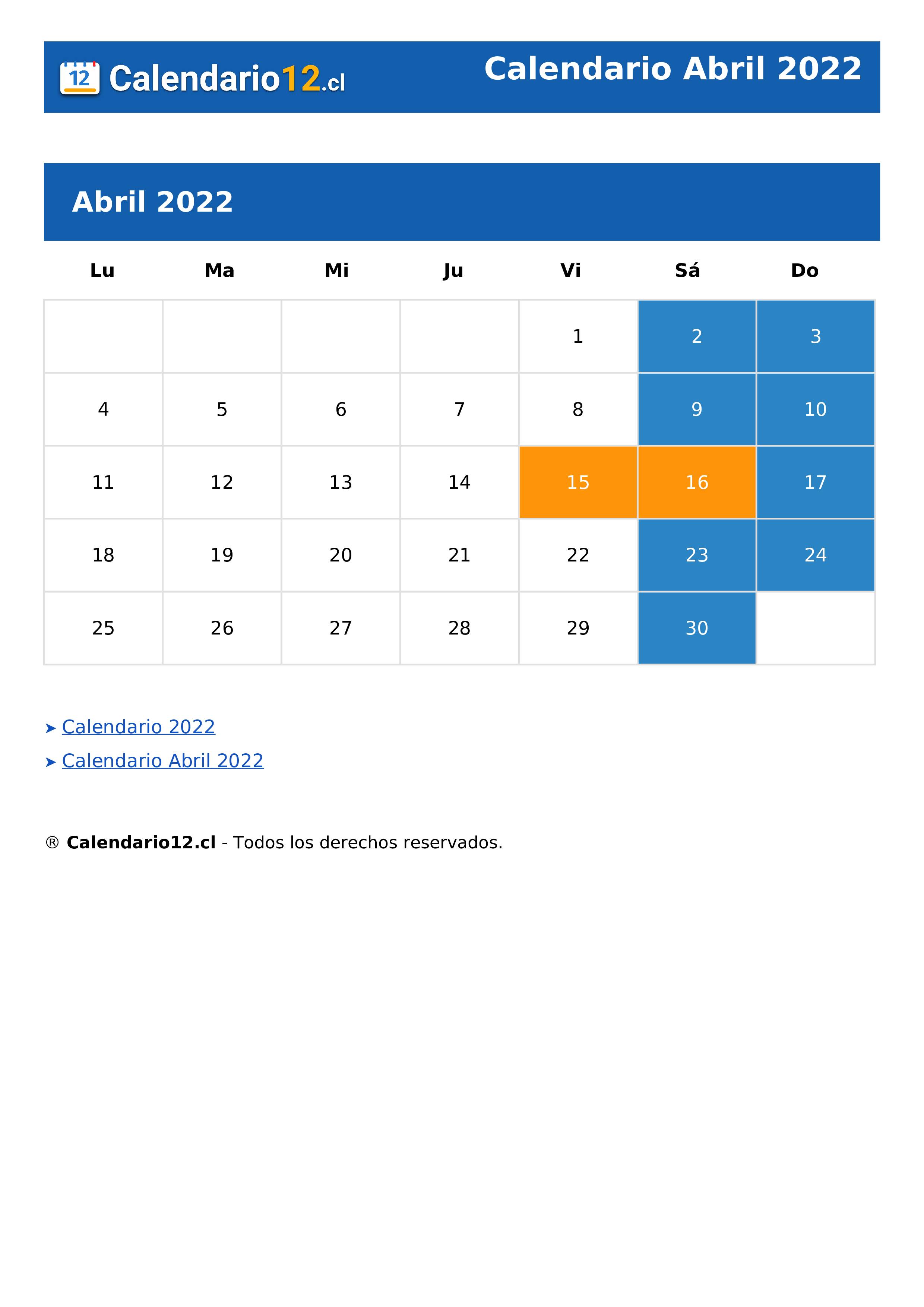 Calendario Abril 2022