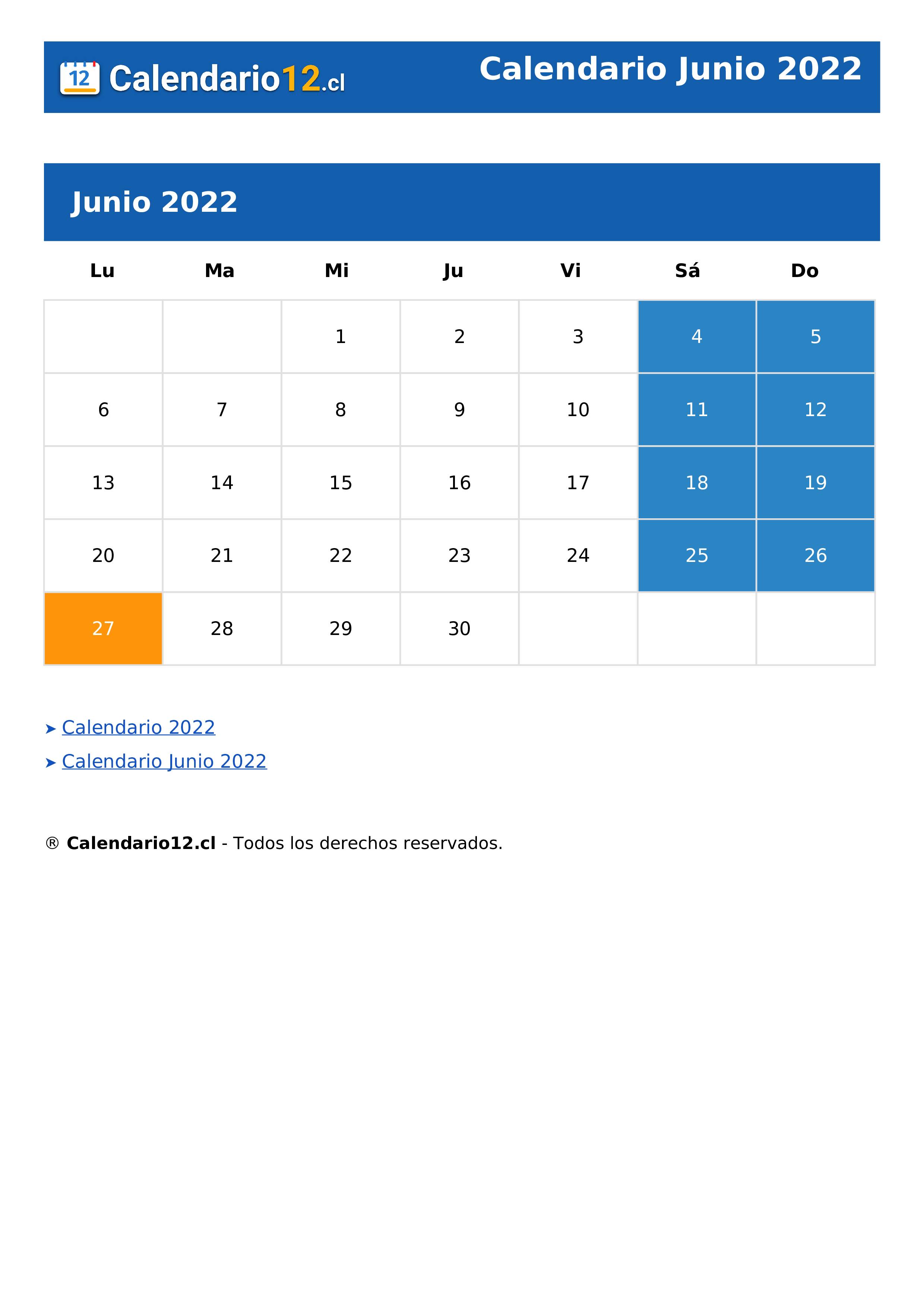 Calendario Junio 2022