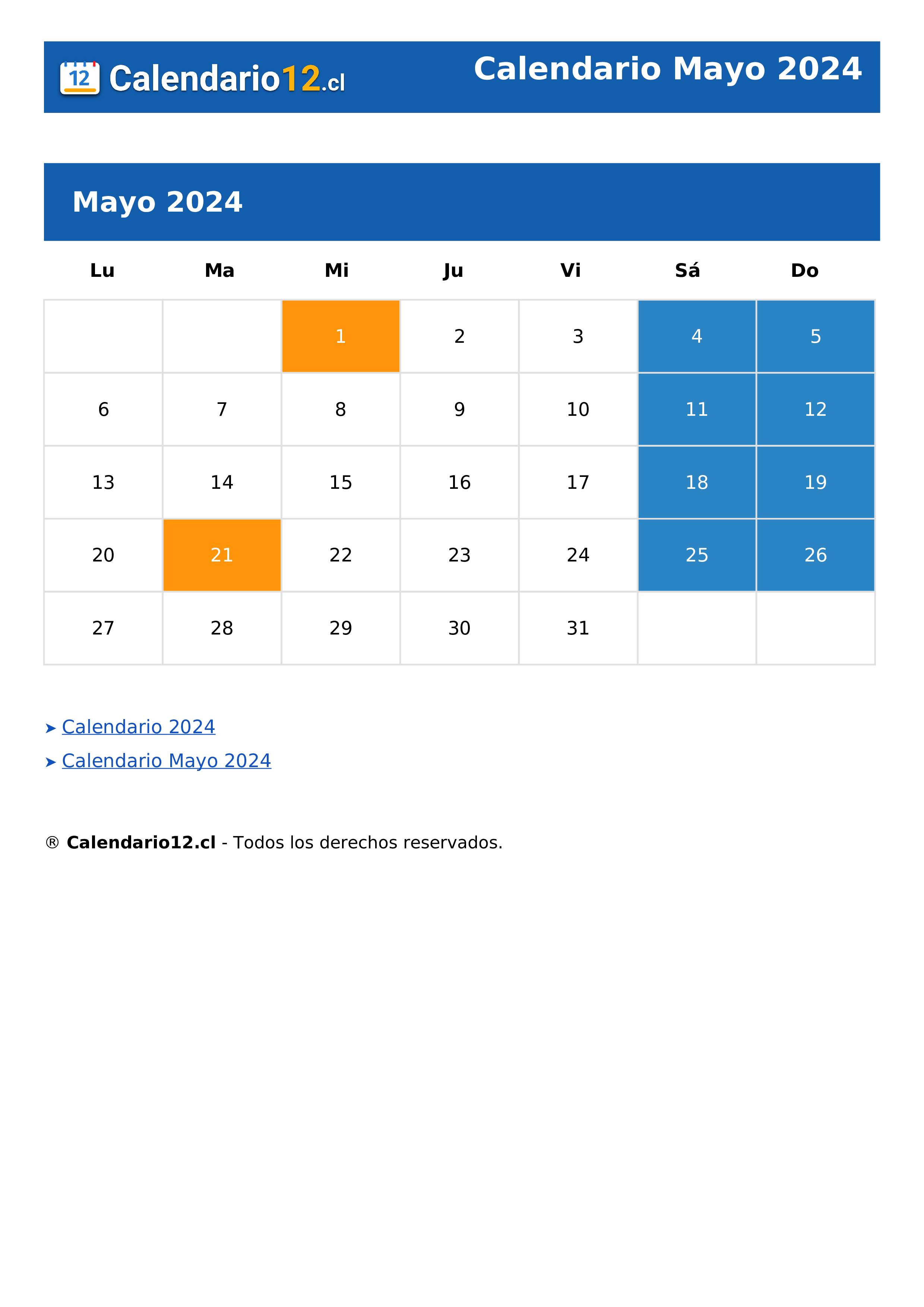 Calendario Mayo 2024