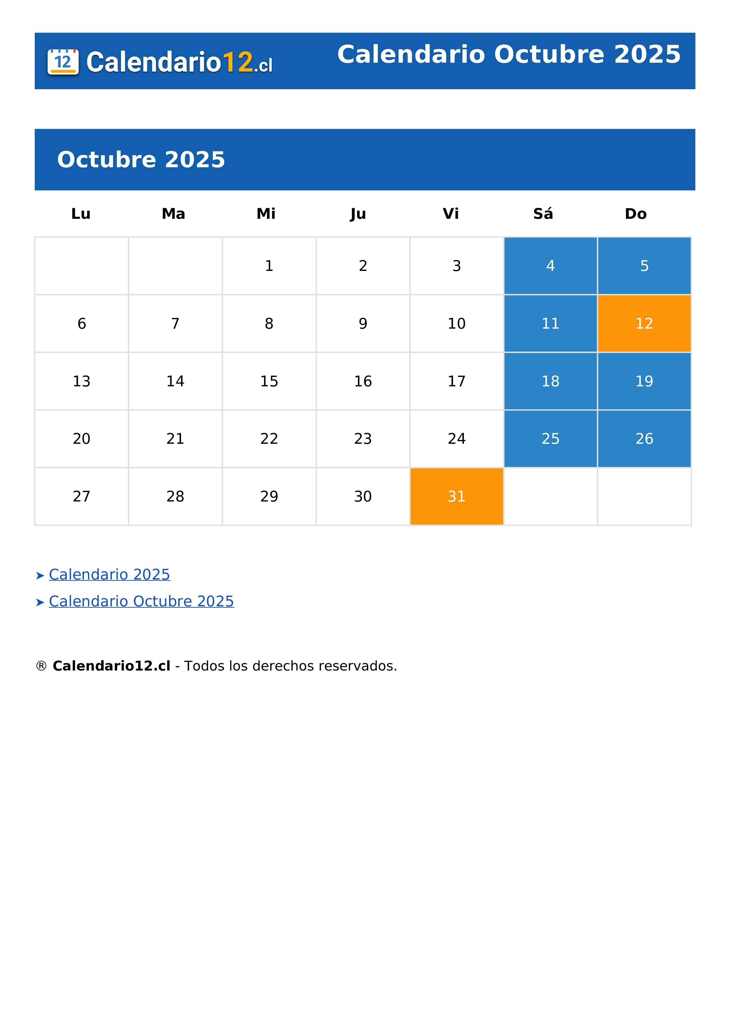 Calendario Octubre 2025