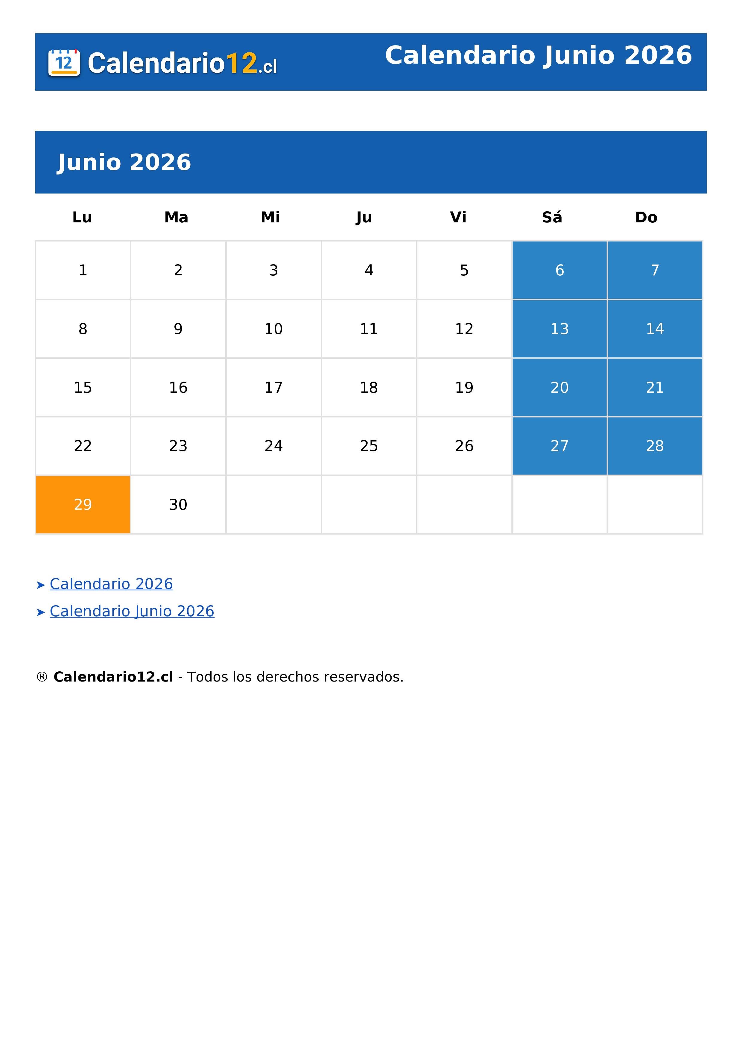 Calendario Junio 2026